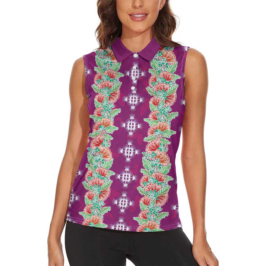 Hawaii Ohia Lehua Women Sleeveless Polo Shirt Tropical Vibes Fuchsia