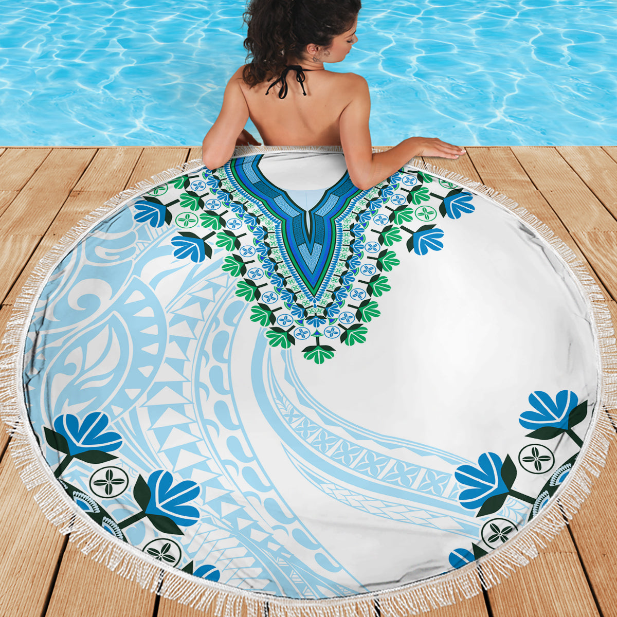 Africa Dashiki Beach Blanket With Polynesian Pattern Blue Version