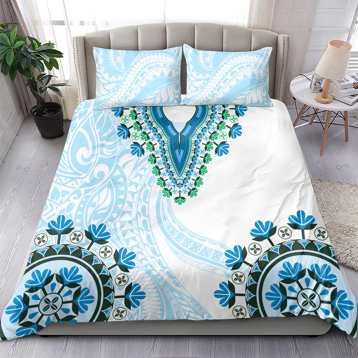 Africa Dashiki Bedding Set With Polynesian Pattern Blue Version