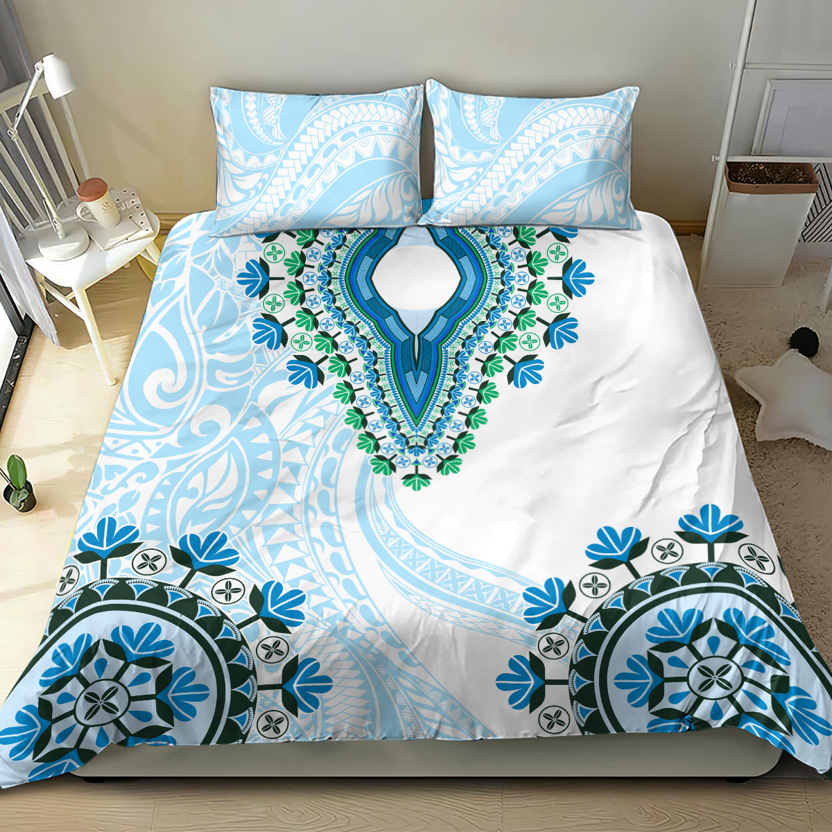 Africa Dashiki Bedding Set With Polynesian Pattern Blue Version