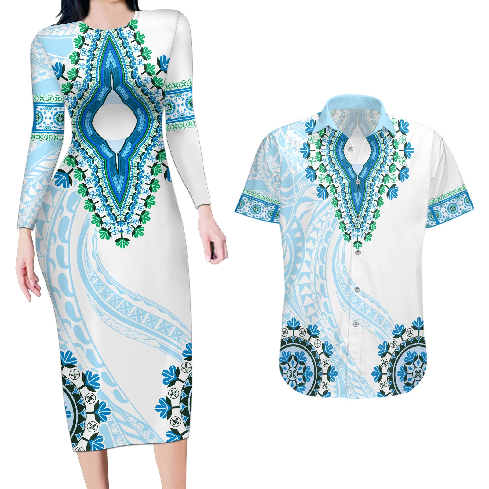 Africa Dashiki Couples Matching Long Sleeve Bodycon Dress and Hawaiian Shirt With Polynesian Pattern Blue Version LT05 Blue - Polynesian Pride