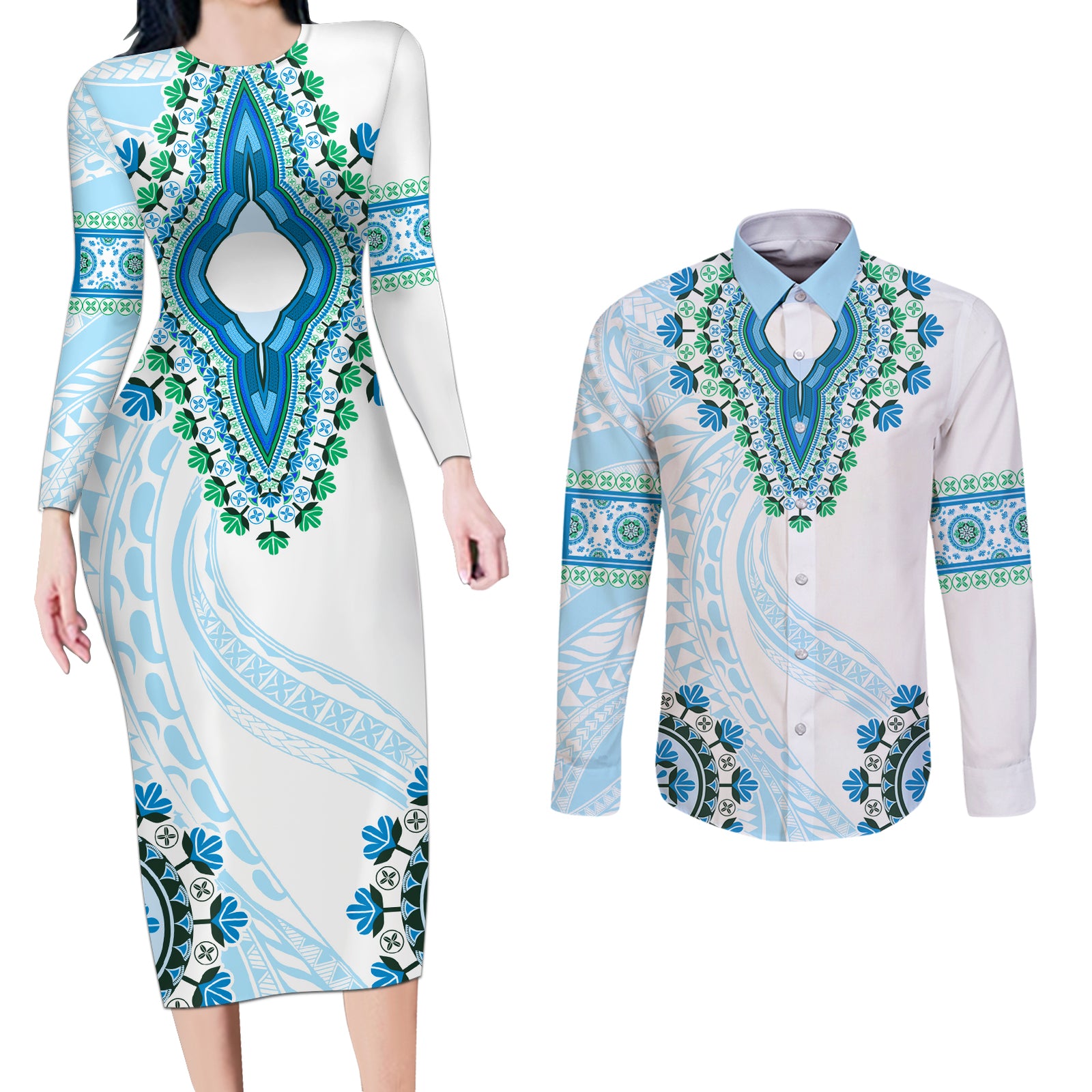 Africa Dashiki Couples Matching Long Sleeve Bodycon Dress and Long Sleeve Button Shirt With Polynesian Pattern Blue Version LT05 Blue - Polynesian Pride
