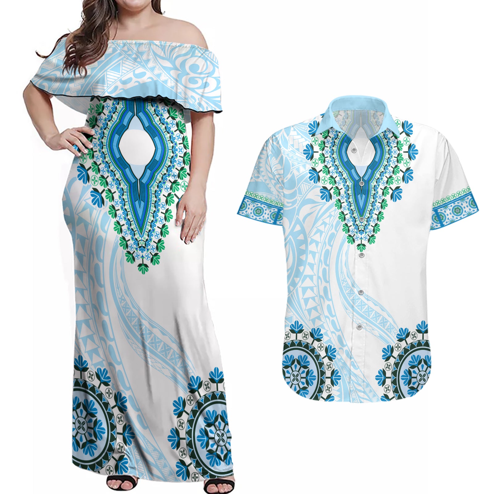 Africa Dashiki Couples Matching Off Shoulder Maxi Dress and Hawaiian Shirt With Polynesian Pattern Blue Version LT05 Blue - Polynesian Pride