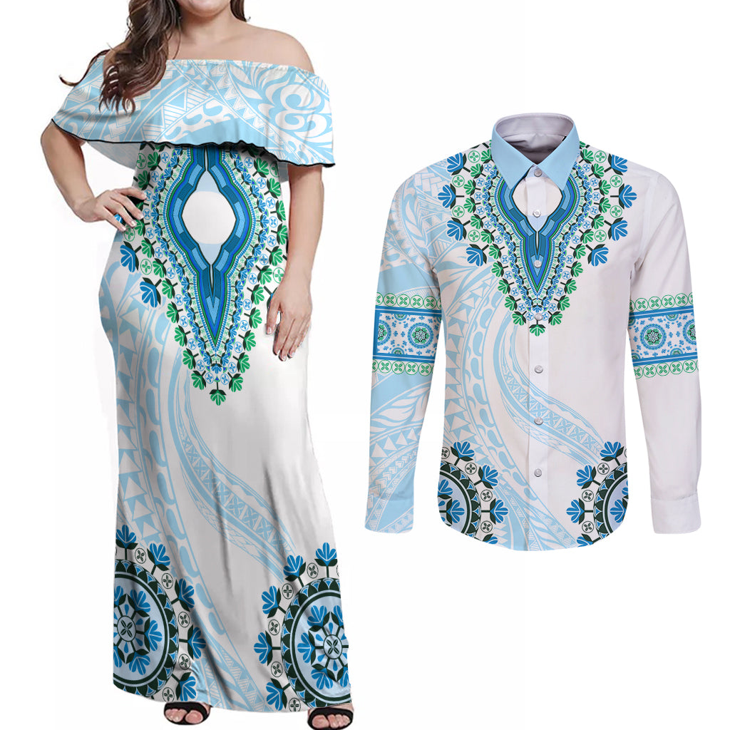 Africa Dashiki Couples Matching Off Shoulder Maxi Dress and Long Sleeve Button Shirt With Polynesian Pattern Blue Version LT05 Blue - Polynesian Pride