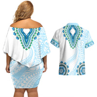 Africa Dashiki Couples Matching Off Shoulder Short Dress and Hawaiian Shirt With Polynesian Pattern Blue Version LT05 - Polynesian Pride