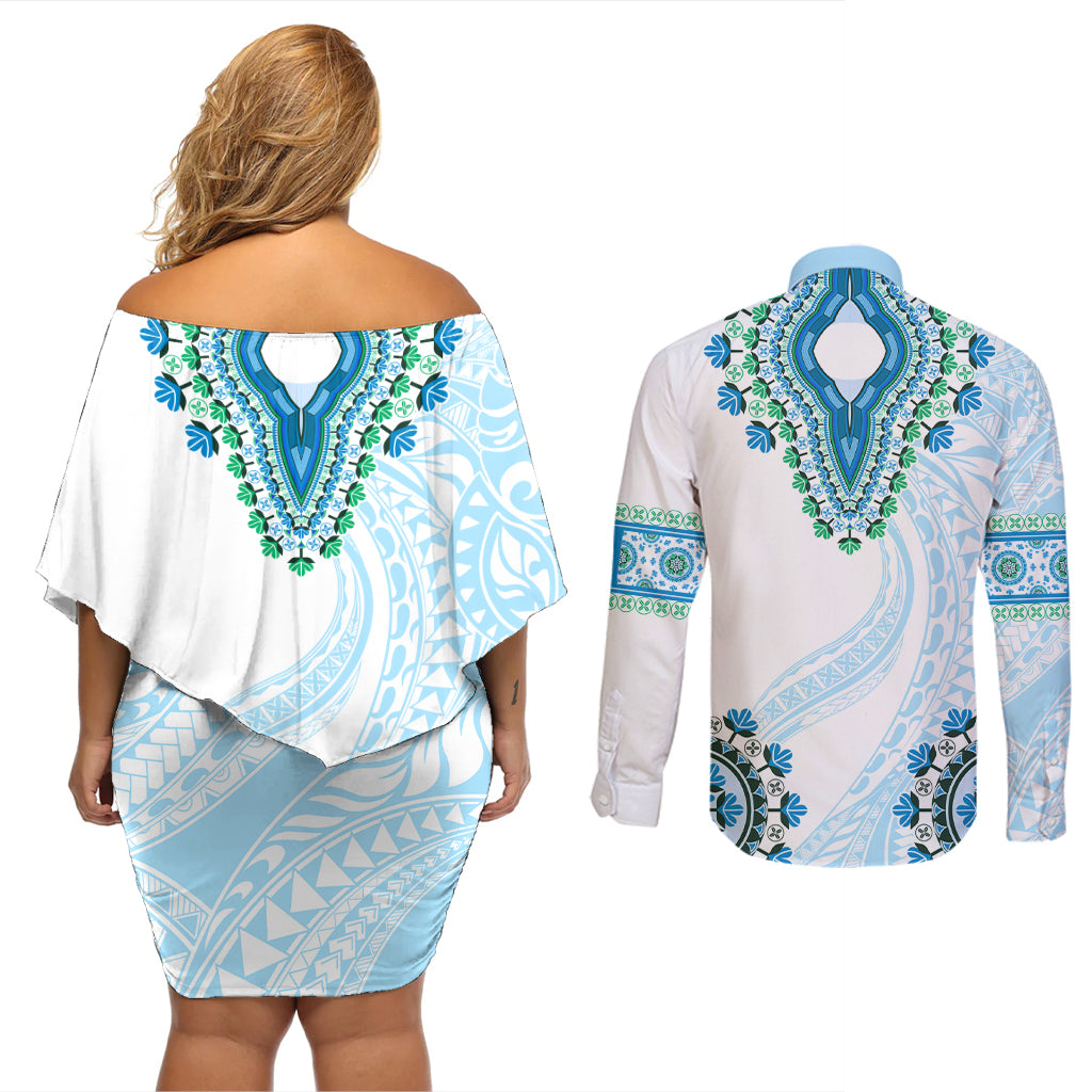 Africa Dashiki Couples Matching Off Shoulder Short Dress and Long Sleeve Button Shirt With Polynesian Pattern Blue Version LT05 - Polynesian Pride