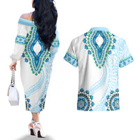 Africa Dashiki Couples Matching Off The Shoulder Long Sleeve Dress and Hawaiian Shirt With Polynesian Pattern Blue Version LT05 - Polynesian Pride