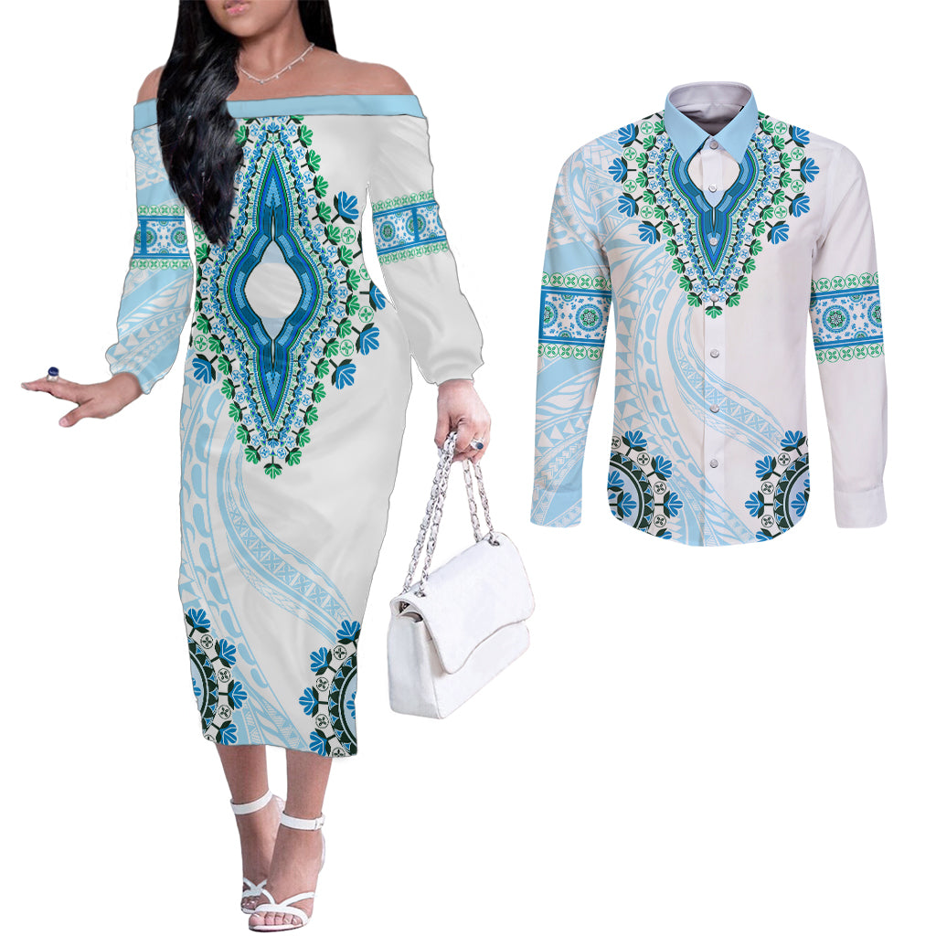 Africa Dashiki Couples Matching Off The Shoulder Long Sleeve Dress and Long Sleeve Button Shirt With Polynesian Pattern Blue Version LT05 Blue - Polynesian Pride