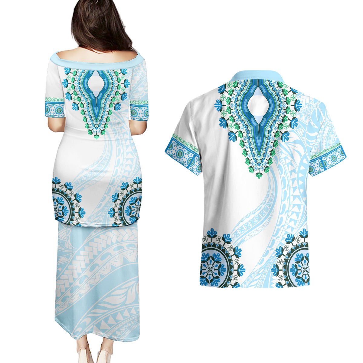 Africa Dashiki Couples Matching Puletasi and Hawaiian Shirt With Polynesian Pattern Blue Version LT05 - Polynesian Pride