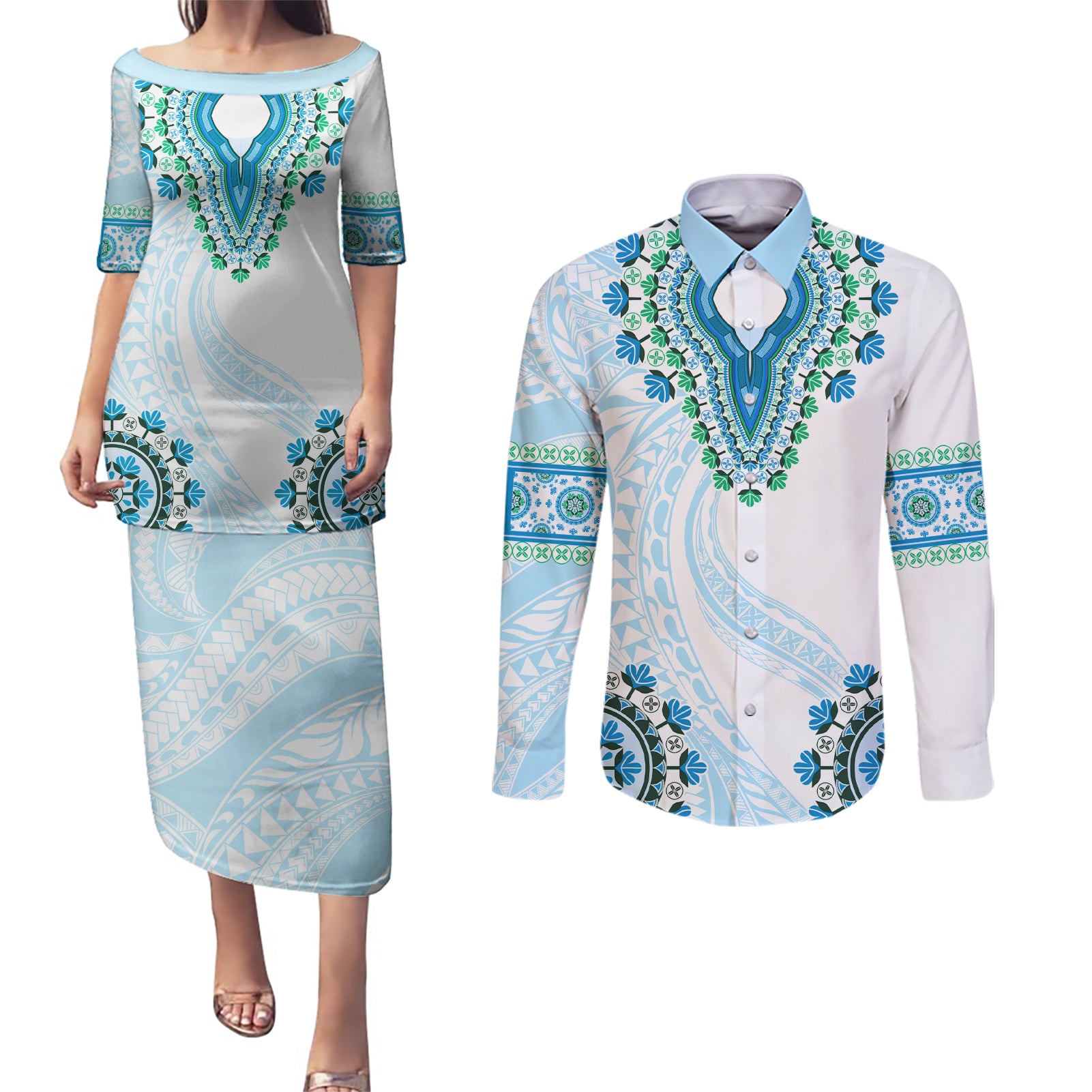 Africa Dashiki Couples Matching Puletasi and Long Sleeve Button Shirt With Polynesian Pattern Blue Version LT05 Blue - Polynesian Pride