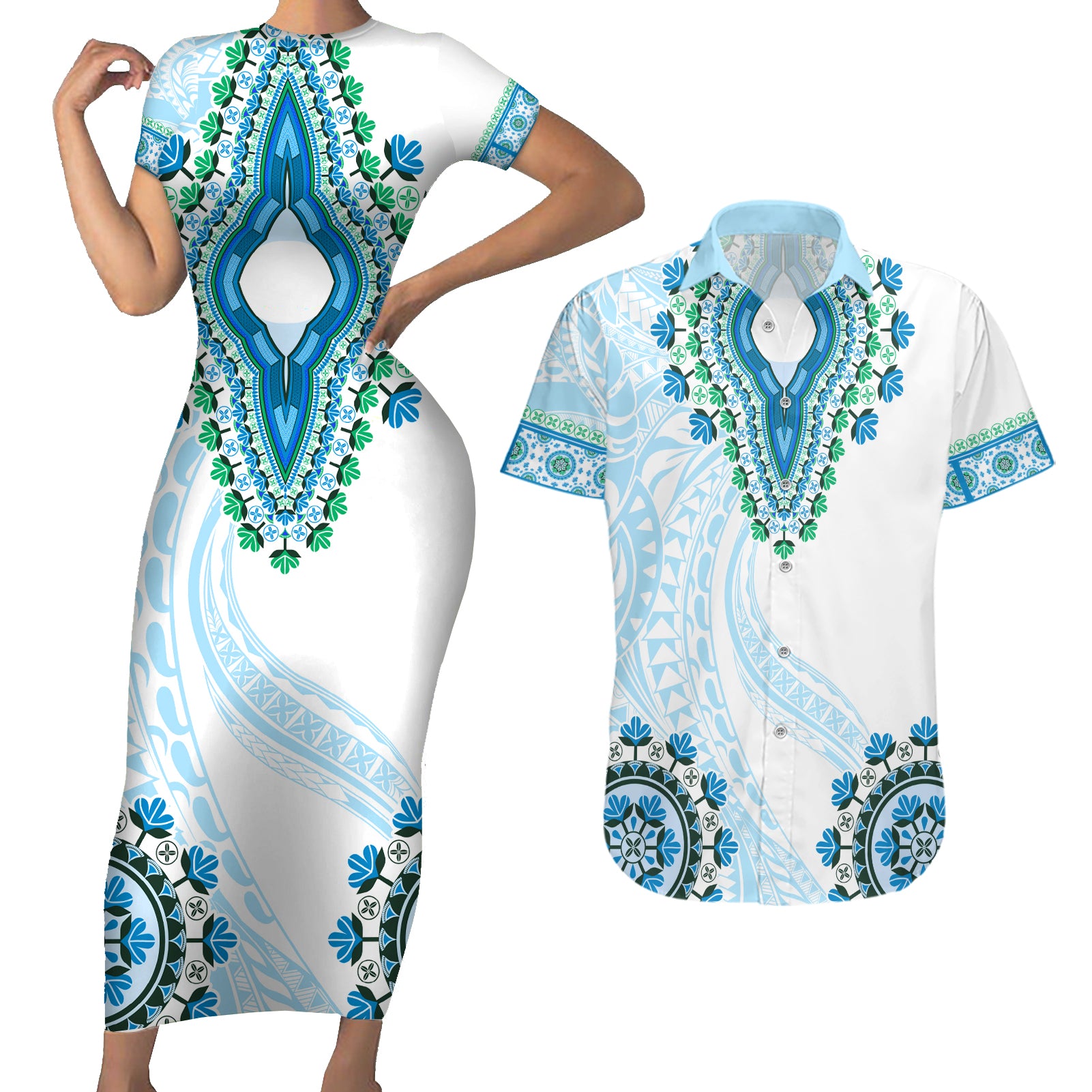 Africa Dashiki Couples Matching Short Sleeve Bodycon Dress and Hawaiian Shirt With Polynesian Pattern Blue Version LT05 Blue - Polynesian Pride