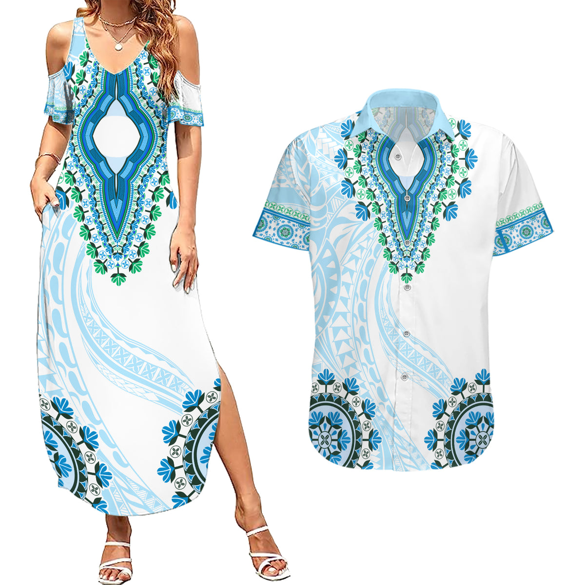 Africa Dashiki Couples Matching Summer Maxi Dress and Hawaiian Shirt With Polynesian Pattern Blue Version LT05 Blue - Polynesian Pride