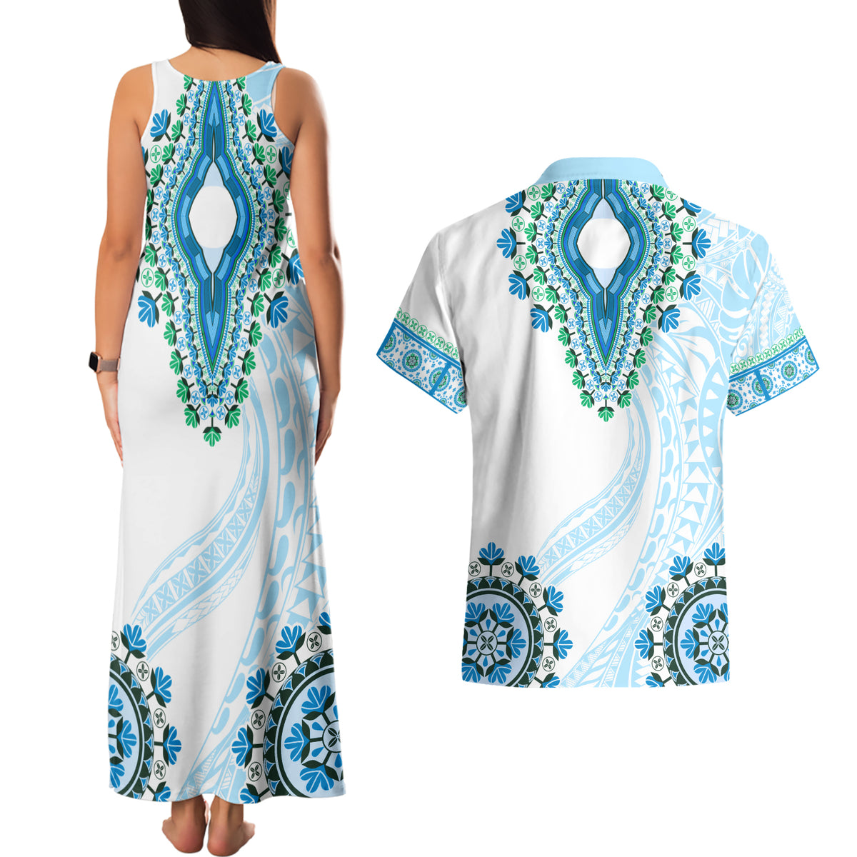 Africa Dashiki Couples Matching Tank Maxi Dress and Hawaiian Shirt With Polynesian Pattern Blue Version LT05 - Polynesian Pride