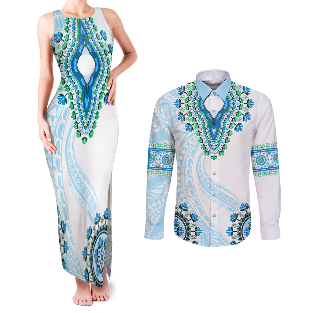 Africa Dashiki Couples Matching Tank Maxi Dress and Long Sleeve Button Shirt With Polynesian Pattern Blue Version LT05 Blue - Polynesian Pride