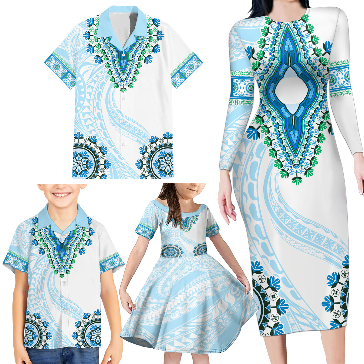 Africa Dashiki Family Matching Long Sleeve Bodycon Dress and Hawaiian Shirt With Polynesian Pattern Blue Version LT05 - Polynesian Pride