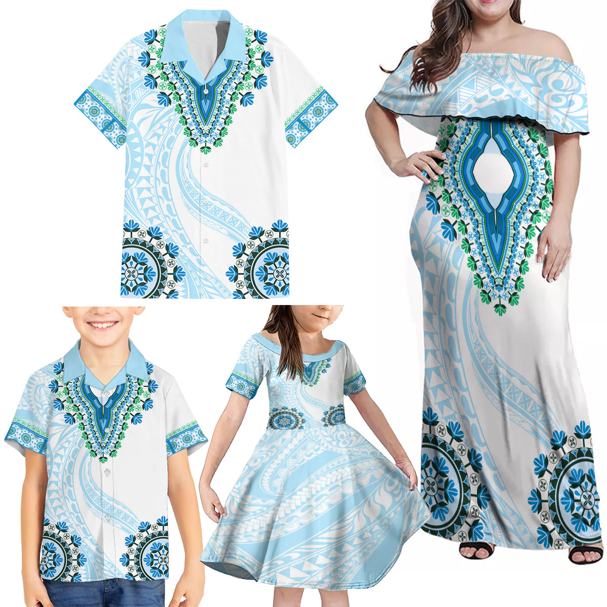 Africa Dashiki Family Matching Off Shoulder Maxi Dress and Hawaiian Shirt With Polynesian Pattern Blue Version LT05 - Polynesian Pride