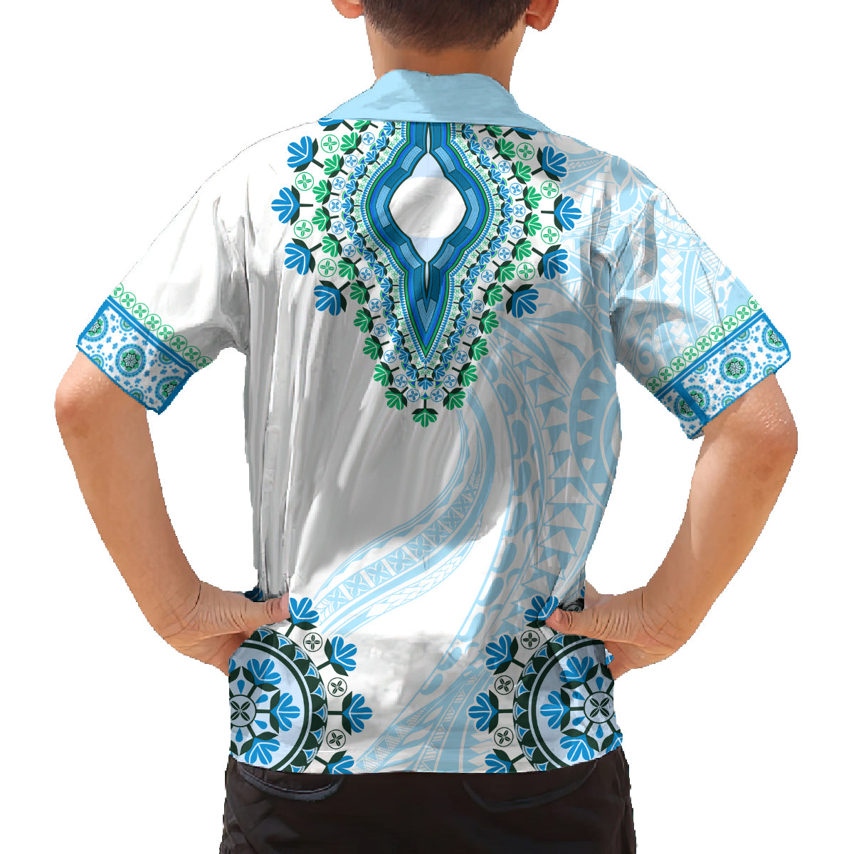 Africa Dashiki Family Matching Off Shoulder Short Dress and Hawaiian Shirt With Polynesian Pattern Blue Version LT05 - Polynesian Pride