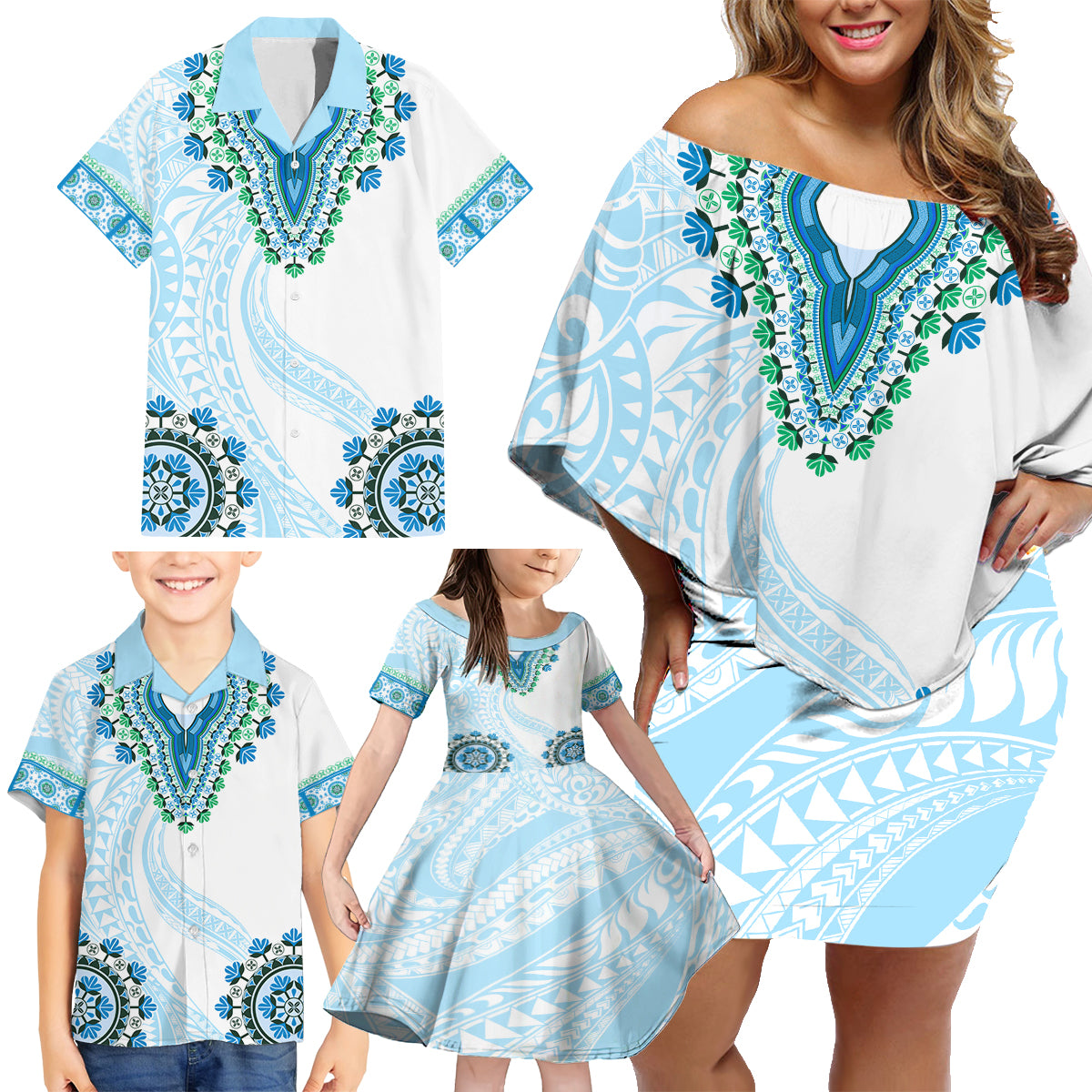 Africa Dashiki Family Matching Off Shoulder Short Dress and Hawaiian Shirt With Polynesian Pattern Blue Version LT05 - Polynesian Pride