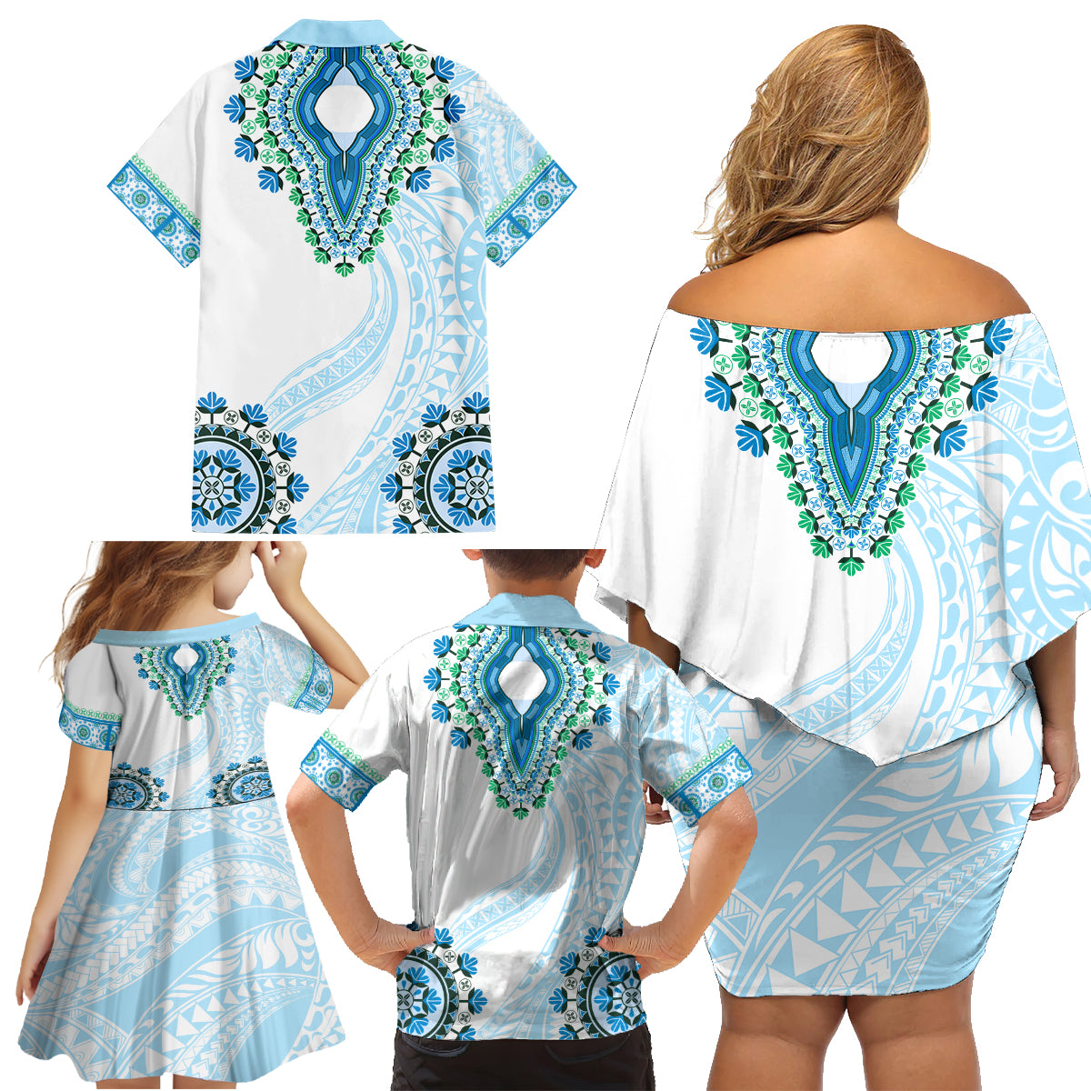 Africa Dashiki Family Matching Off Shoulder Short Dress and Hawaiian Shirt With Polynesian Pattern Blue Version LT05 - Polynesian Pride