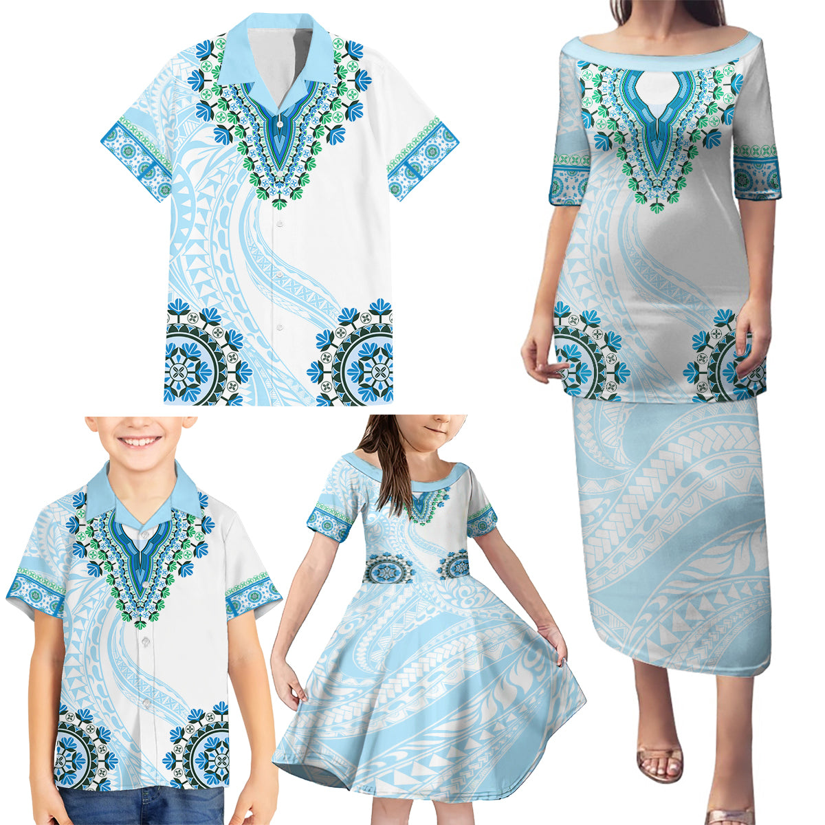 Africa Dashiki Family Matching Puletasi and Hawaiian Shirt With Polynesian Pattern Blue Version LT05 - Polynesian Pride