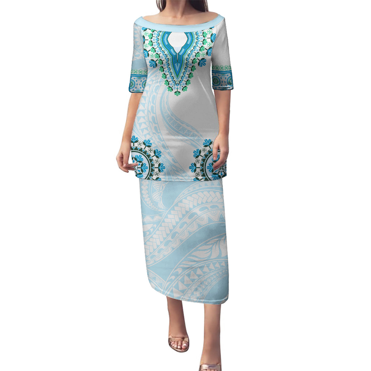 Africa Dashiki Family Matching Puletasi and Hawaiian Shirt With Polynesian Pattern Blue Version LT05 Mom's Dress Blue - Polynesian Pride