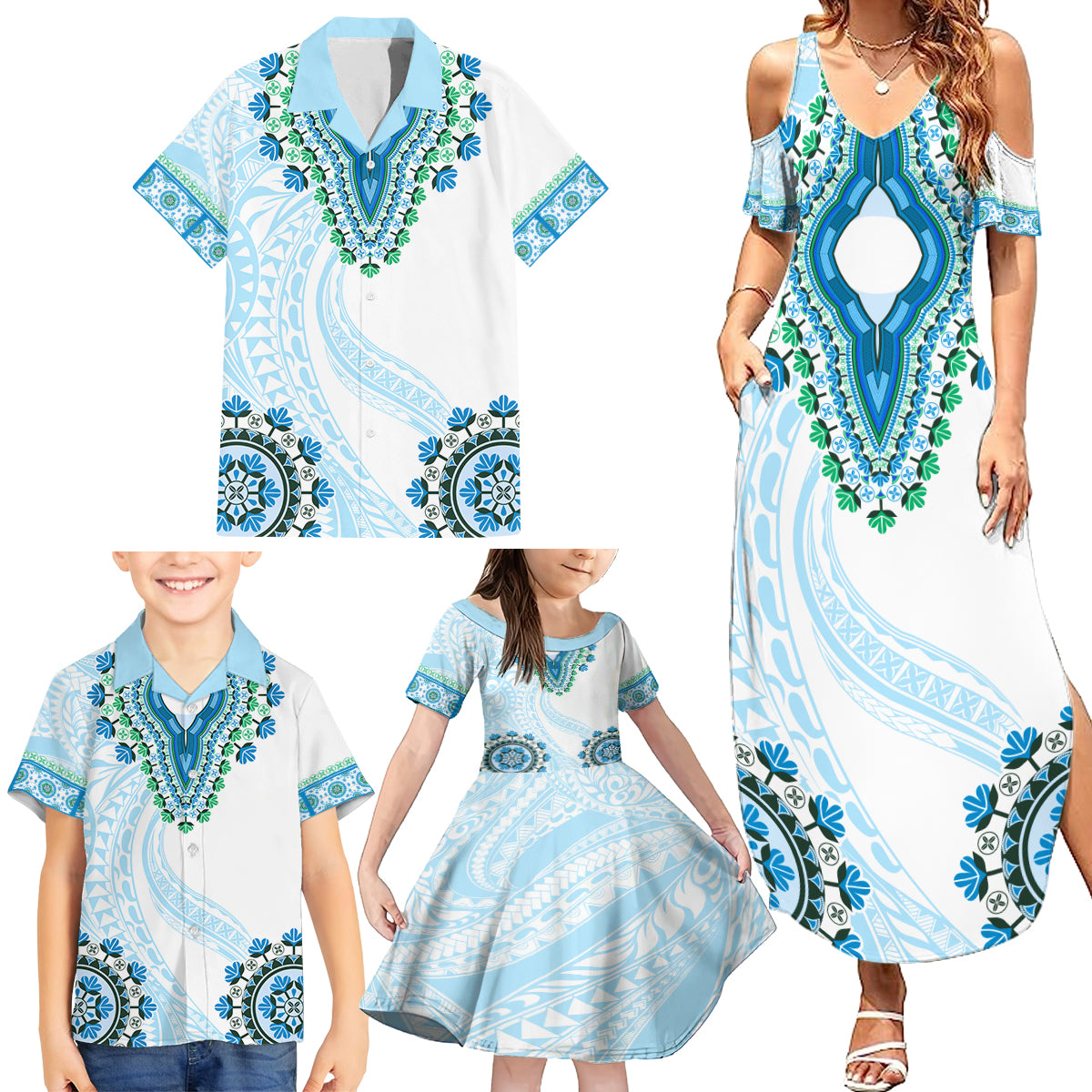 Africa Dashiki Family Matching Summer Maxi Dress and Hawaiian Shirt With Polynesian Pattern Blue Version LT05 - Polynesian Pride