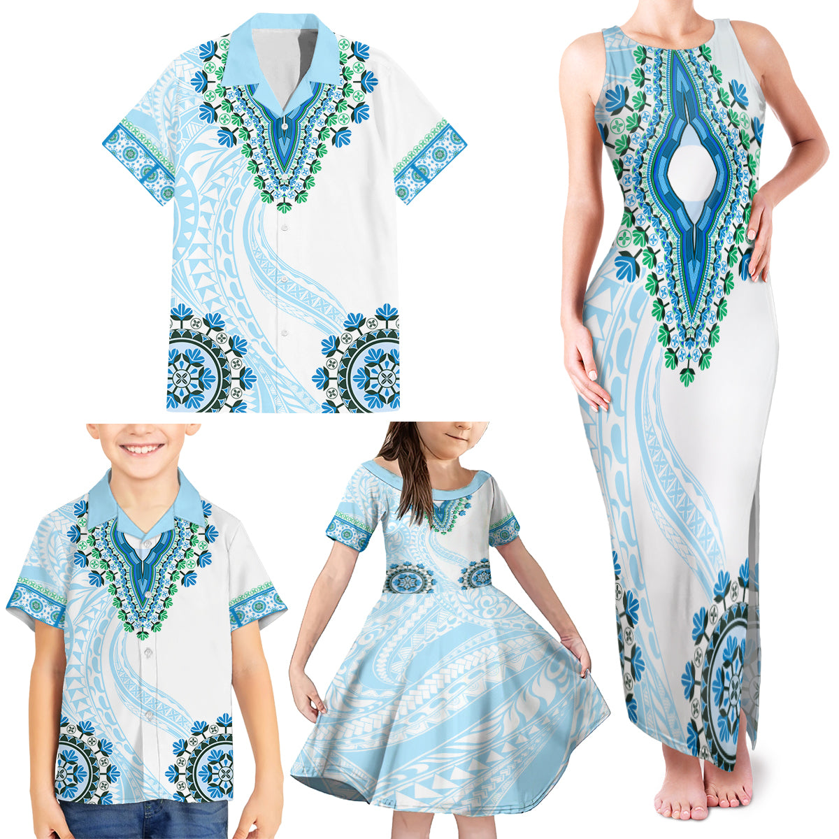 Africa Dashiki Family Matching Tank Maxi Dress and Hawaiian Shirt With Polynesian Pattern Blue Version LT05 - Polynesian Pride