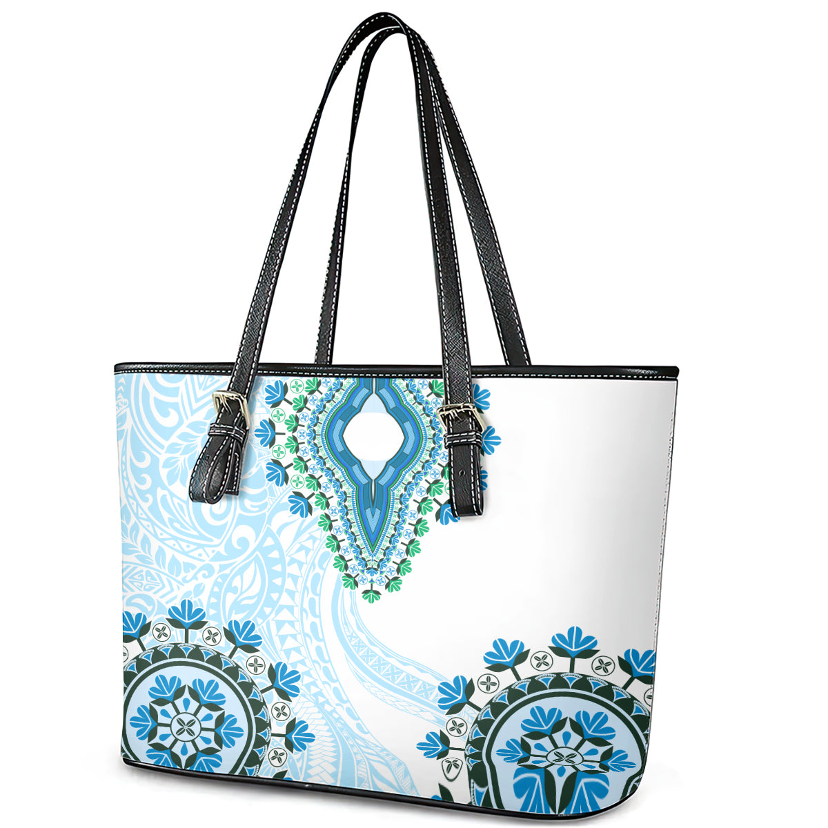 Africa Dashiki Leather Tote Bag With Polynesian Pattern Blue Version
