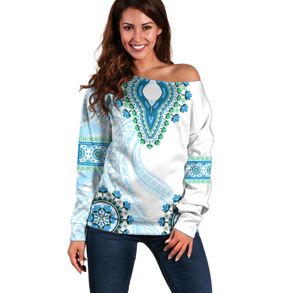 Africa Dashiki Off Shoulder Sweater With Polynesian Pattern Blue Version LT05 Women Blue - Polynesian Pride