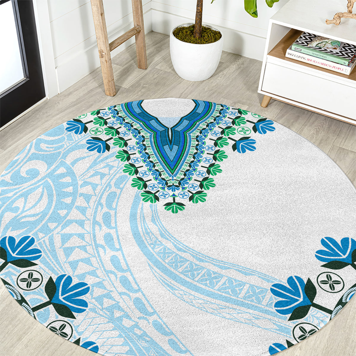 Africa Dashiki Round Carpet With Polynesian Pattern Blue Version