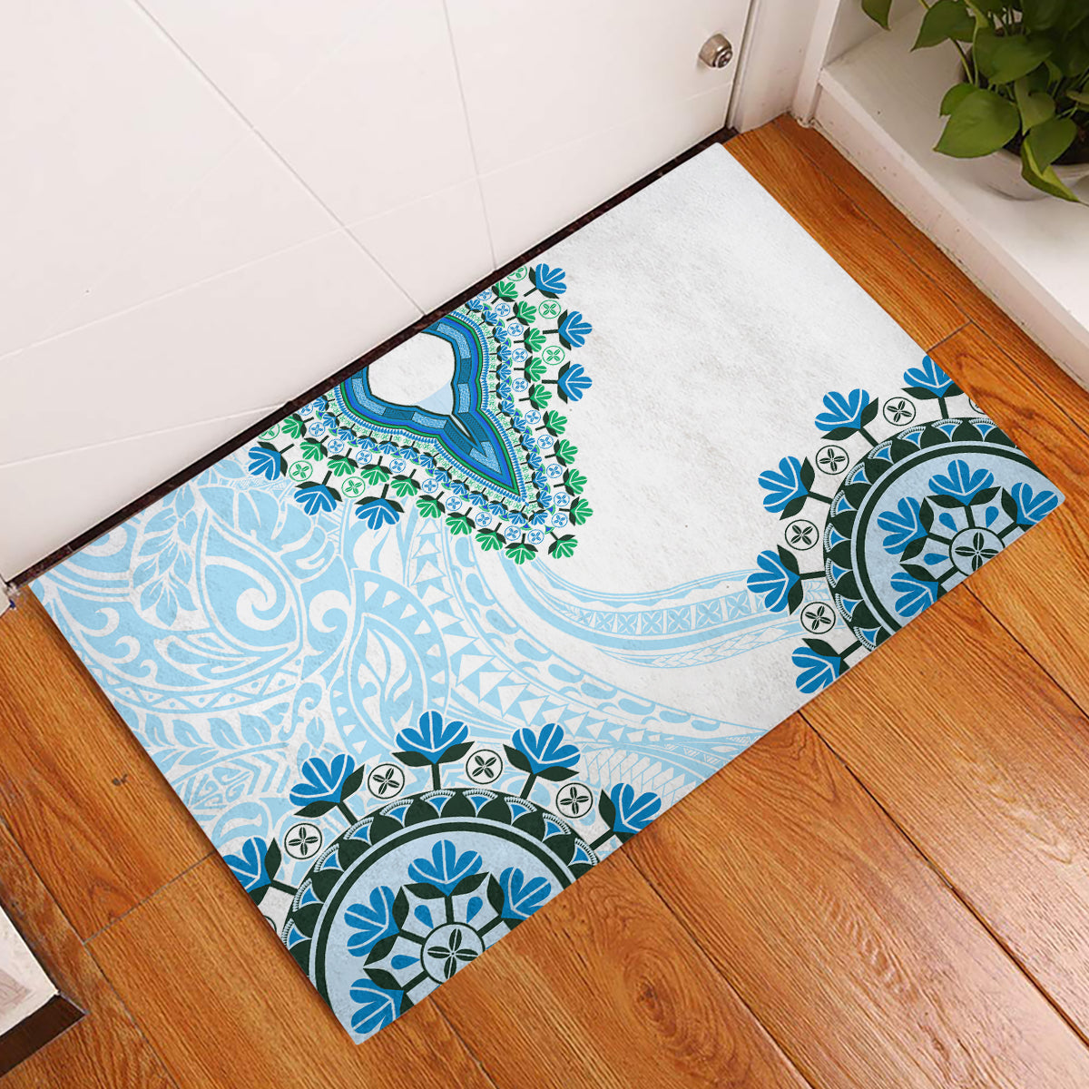 Africa Dashiki Rubber Doormat With Polynesian Pattern Blue Version