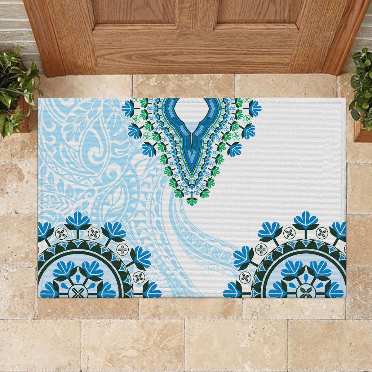 Africa Dashiki Rubber Doormat With Polynesian Pattern Blue Version