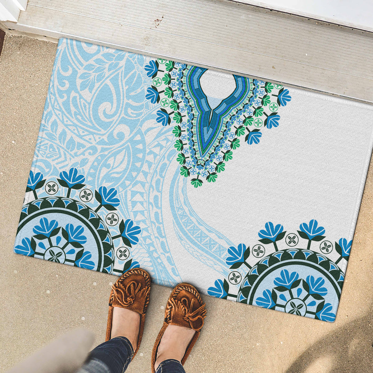 Africa Dashiki Rubber Doormat With Polynesian Pattern Blue Version