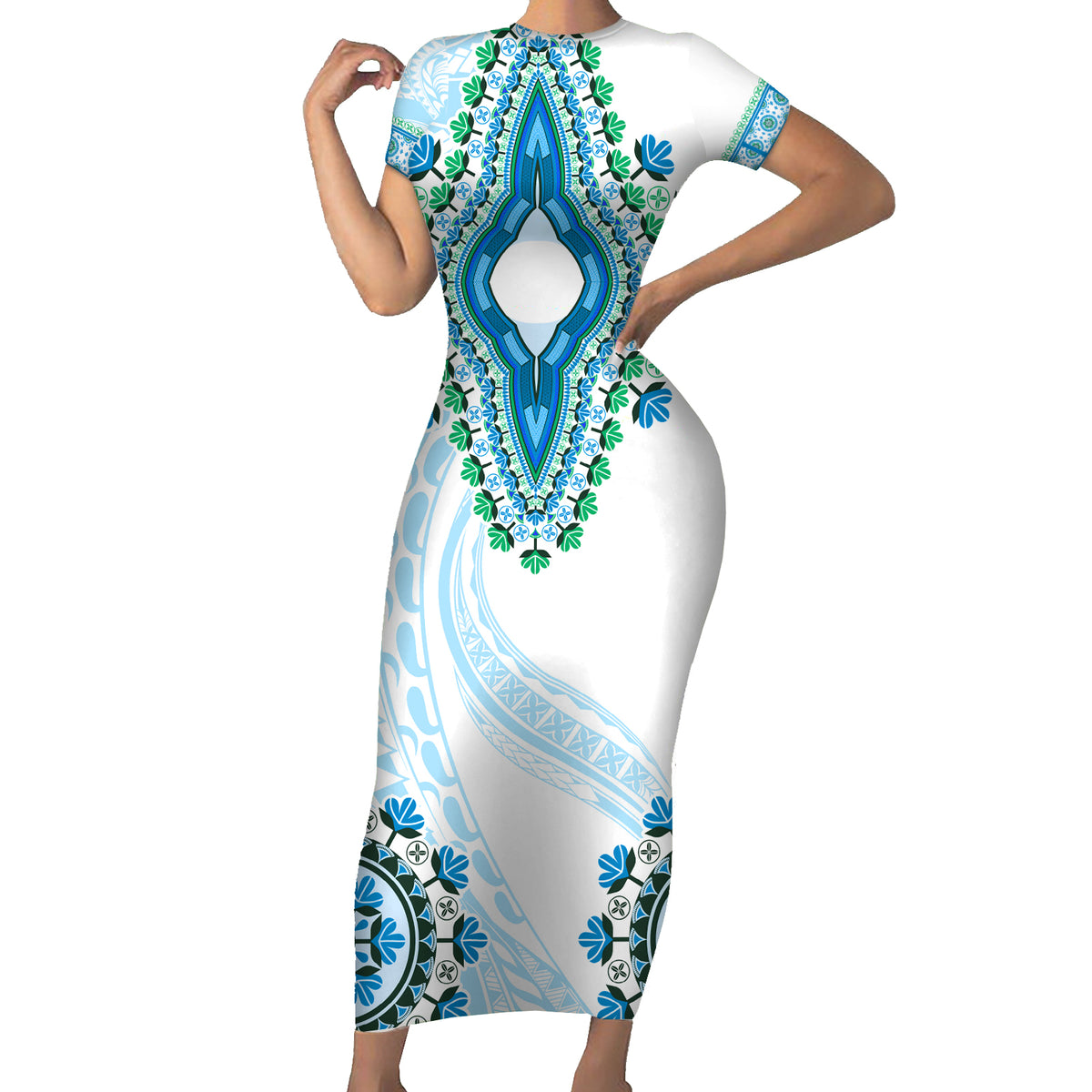 Africa Dashiki Short Sleeve Bodycon Dress With Polynesian Pattern Blue Version LT05 Long Dress Blue - Polynesian Pride