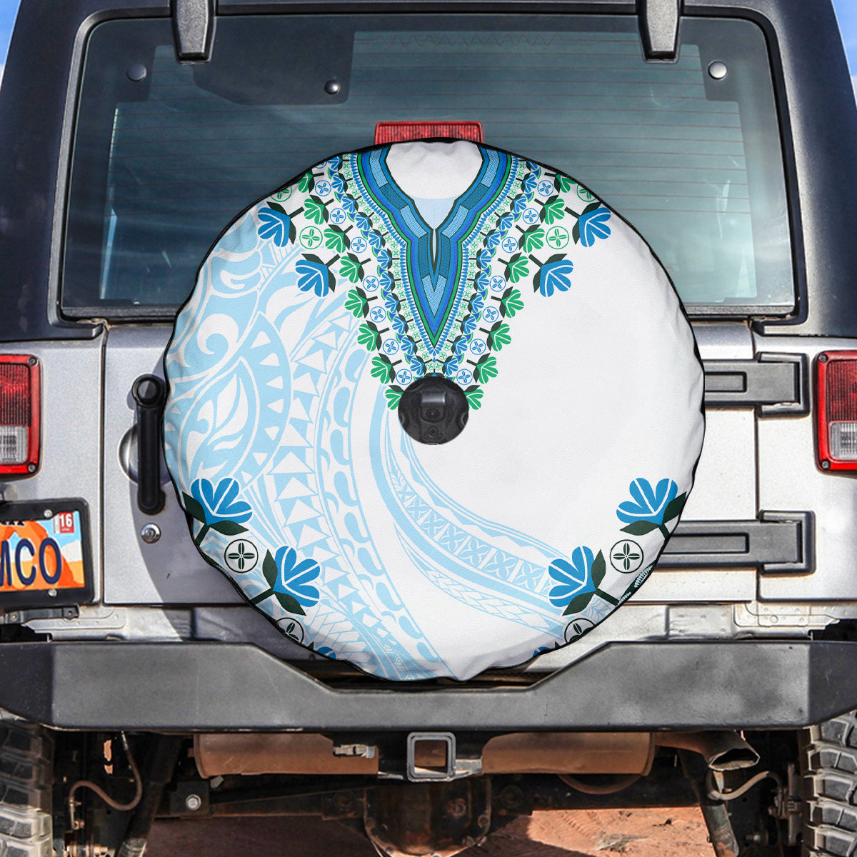 Africa Dashiki Spare Tire Cover With Polynesian Pattern Blue Version