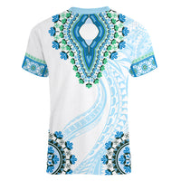 Africa Dashiki Women V Neck T Shirt With Polynesian Pattern Blue Version LT05 - Polynesian Pride