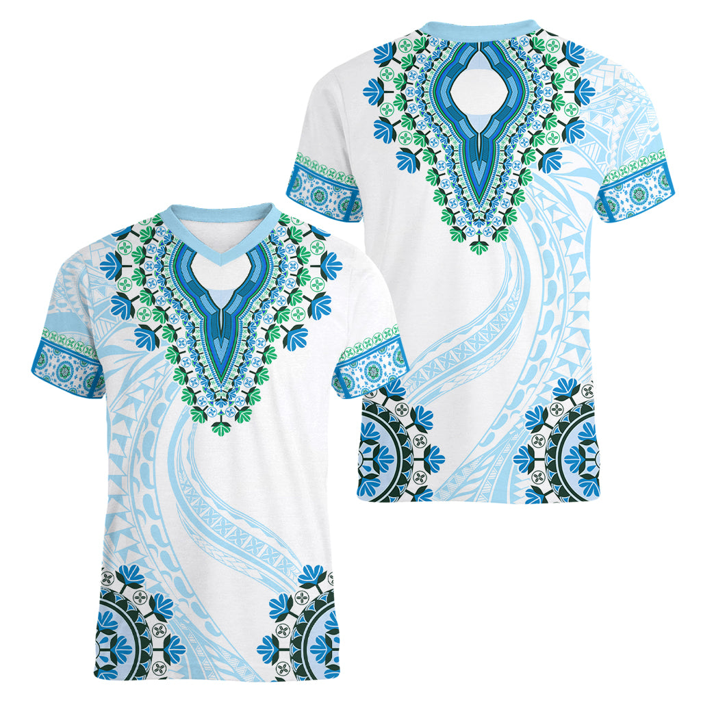 Africa Dashiki Women V Neck T Shirt With Polynesian Pattern Blue Version LT05 - Polynesian Pride