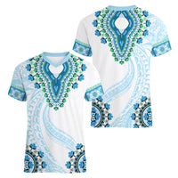 Africa Dashiki Women V Neck T Shirt With Polynesian Pattern Blue Version LT05 - Polynesian Pride