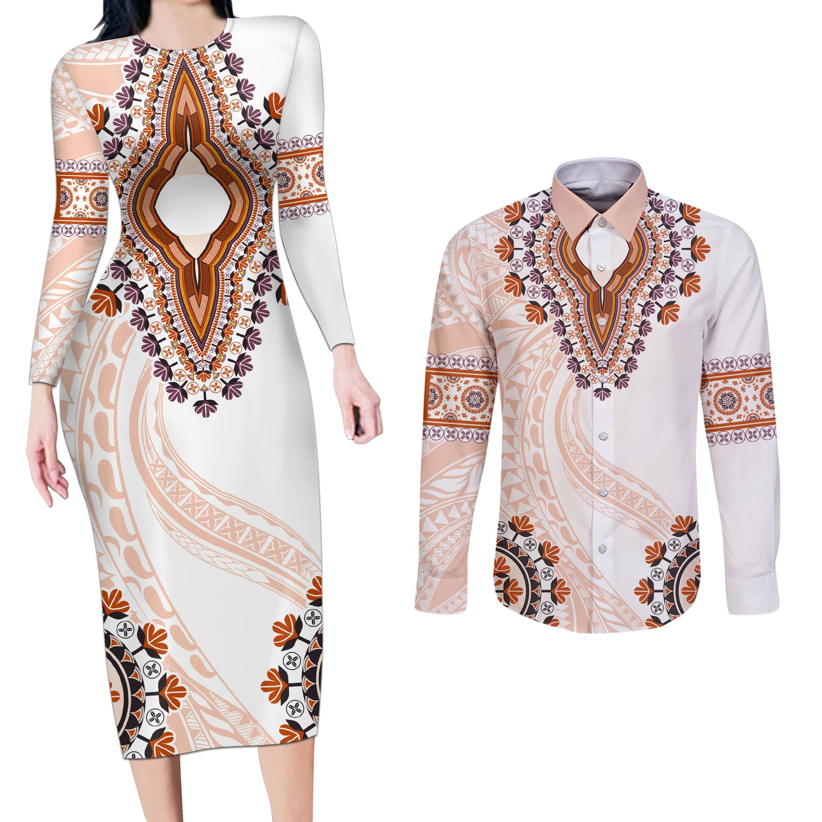 Africa Dashiki Couples Matching Long Sleeve Bodycon Dress and Long Sleeve Button Shirt With Polynesian Pattern Beige Version LT05 Beige - Polynesian Pride