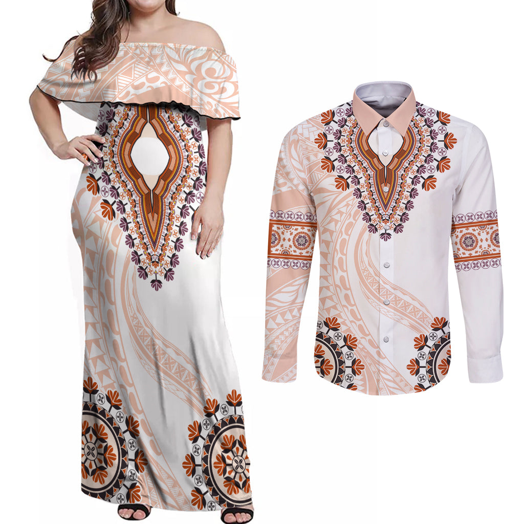 Africa Dashiki Couples Matching Off Shoulder Maxi Dress and Long Sleeve Button Shirt With Polynesian Pattern Beige Version LT05 Beige - Polynesian Pride