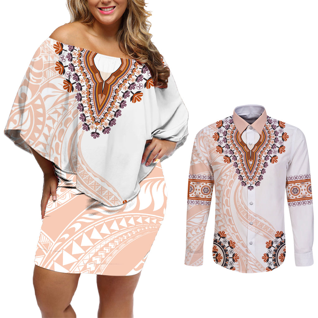 Africa Dashiki Couples Matching Off Shoulder Short Dress and Long Sleeve Button Shirt With Polynesian Pattern Beige Version LT05 Beige - Polynesian Pride