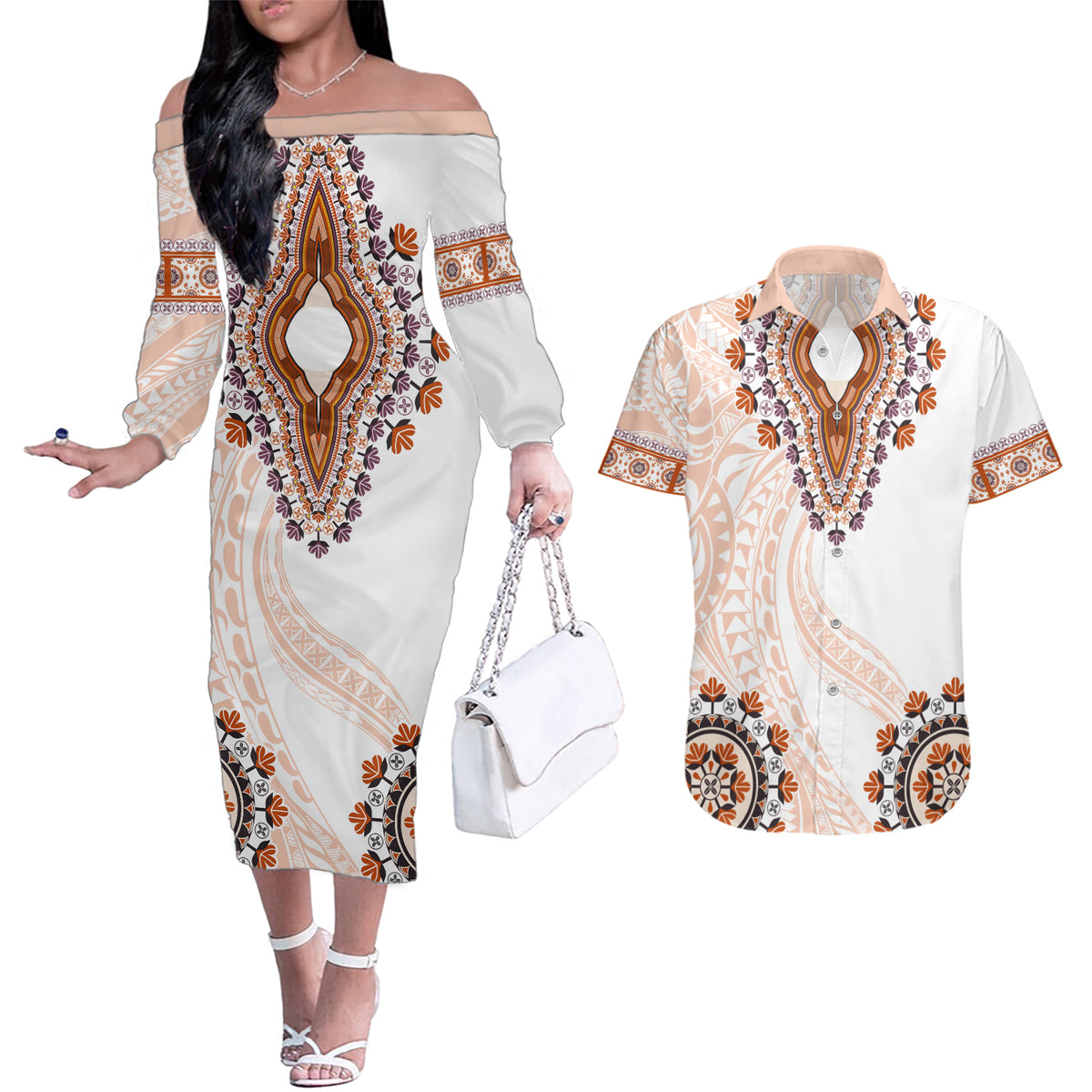 Africa Dashiki Couples Matching Off The Shoulder Long Sleeve Dress and Hawaiian Shirt With Polynesian Pattern Beige Version LT05 Beige - Polynesian Pride