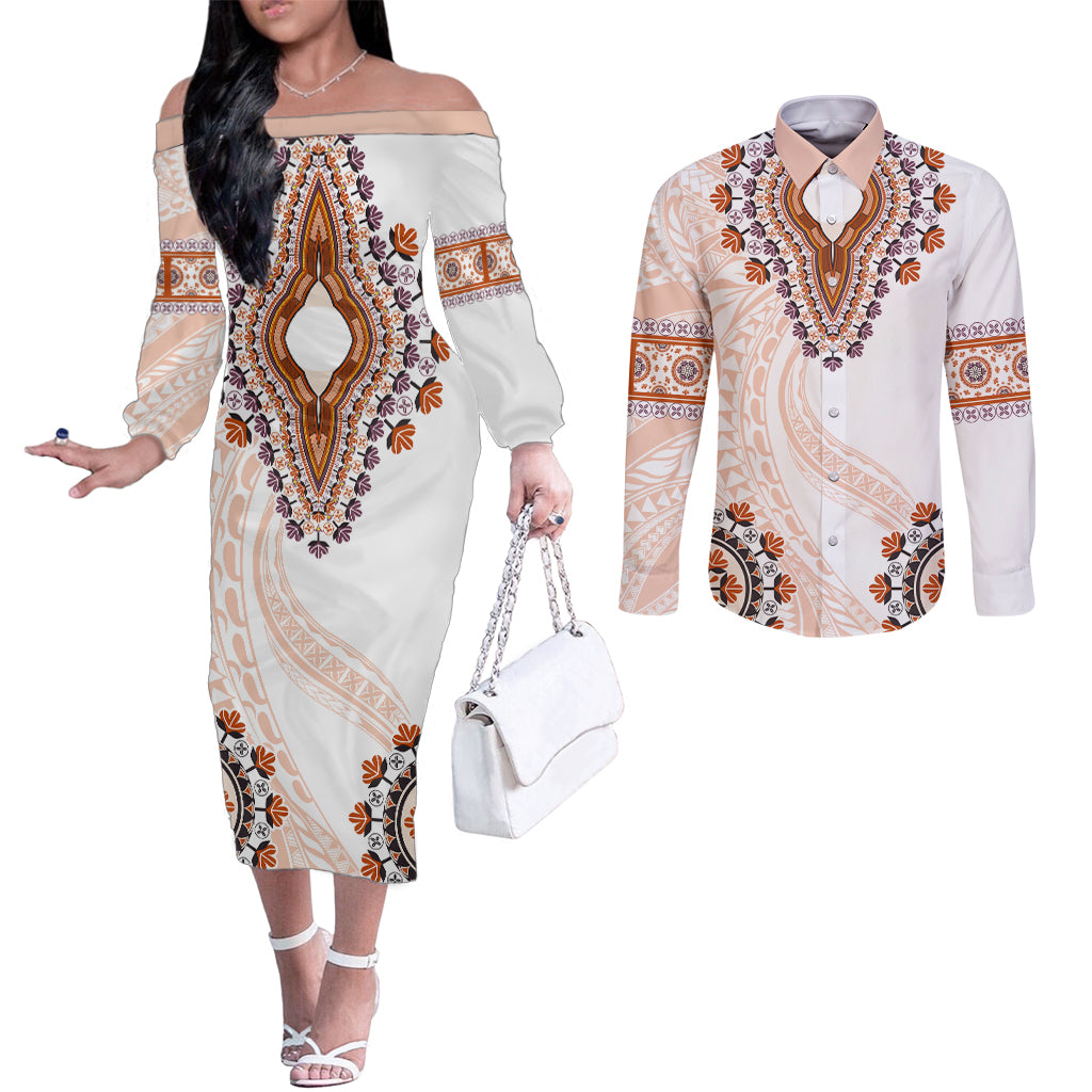 Africa Dashiki Couples Matching Off The Shoulder Long Sleeve Dress and Long Sleeve Button Shirt With Polynesian Pattern Beige Version LT05 Beige - Polynesian Pride