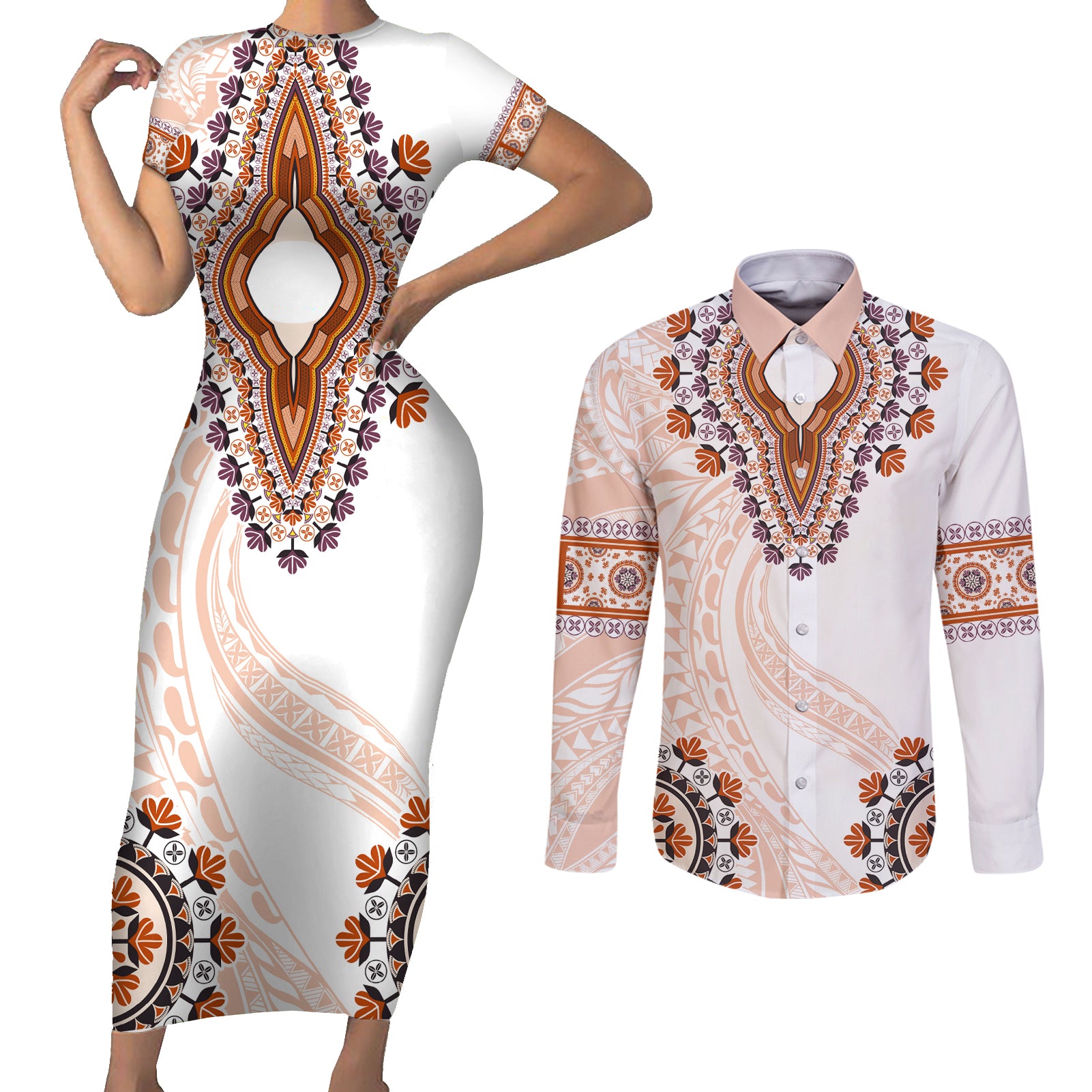 Africa Dashiki Couples Matching Short Sleeve Bodycon Dress and Long Sleeve Button Shirt With Polynesian Pattern Beige Version LT05 Beige - Polynesian Pride