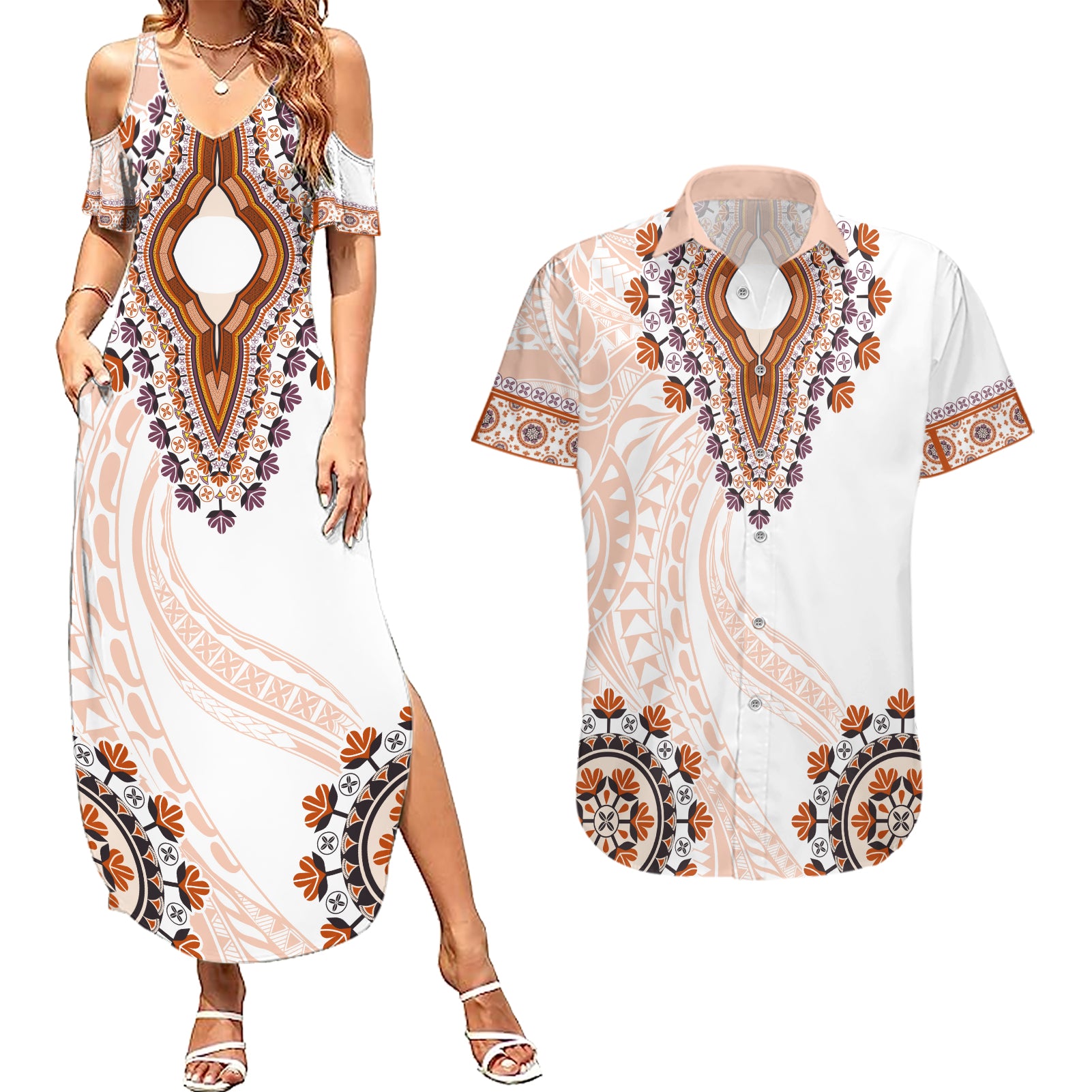 Africa Dashiki Couples Matching Summer Maxi Dress and Hawaiian Shirt With Polynesian Pattern Beige Version LT05 Beige - Polynesian Pride