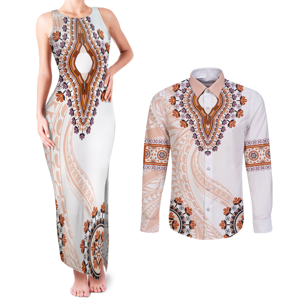 Africa Dashiki Couples Matching Tank Maxi Dress and Long Sleeve Button Shirt With Polynesian Pattern Beige Version LT05 Beige - Polynesian Pride