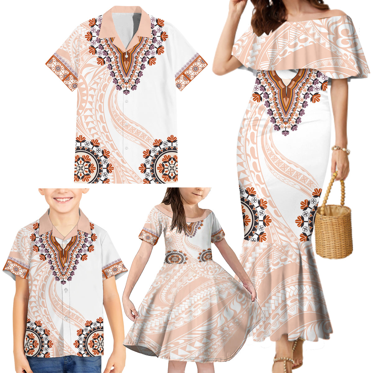 Africa Dashiki Family Matching Mermaid Dress and Hawaiian Shirt With Polynesian Pattern Beige Version LT05 - Polynesian Pride