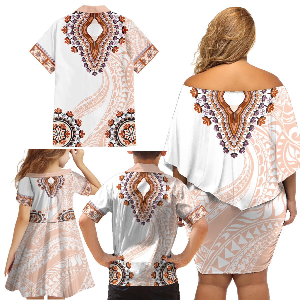 Africa Dashiki Family Matching Off Shoulder Short Dress and Hawaiian Shirt With Polynesian Pattern Beige Version LT05 - Polynesian Pride
