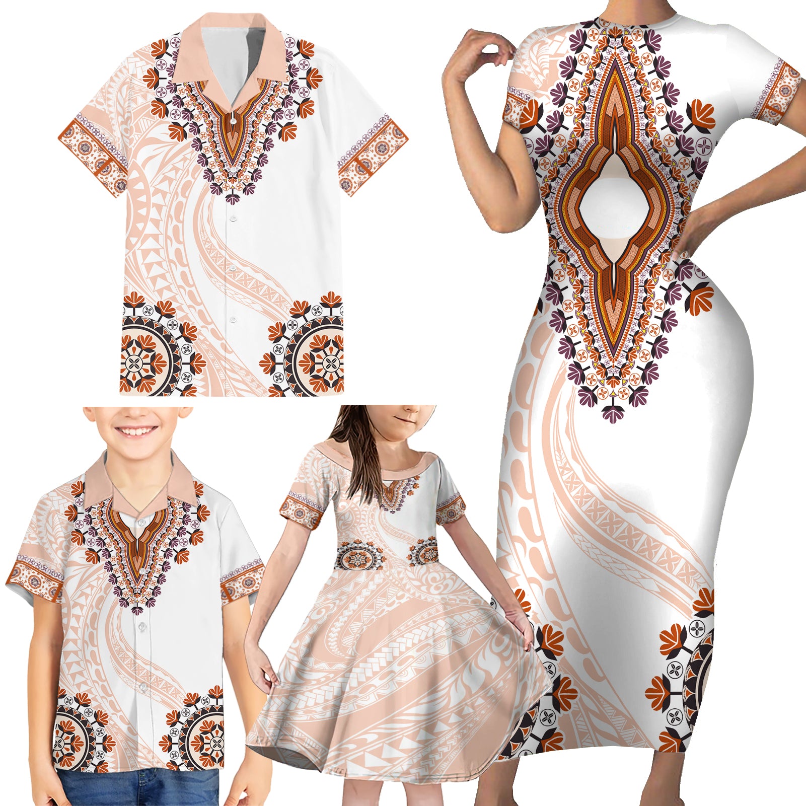 Africa Dashiki Family Matching Short Sleeve Bodycon Dress and Hawaiian Shirt With Polynesian Pattern Beige Version LT05 - Polynesian Pride