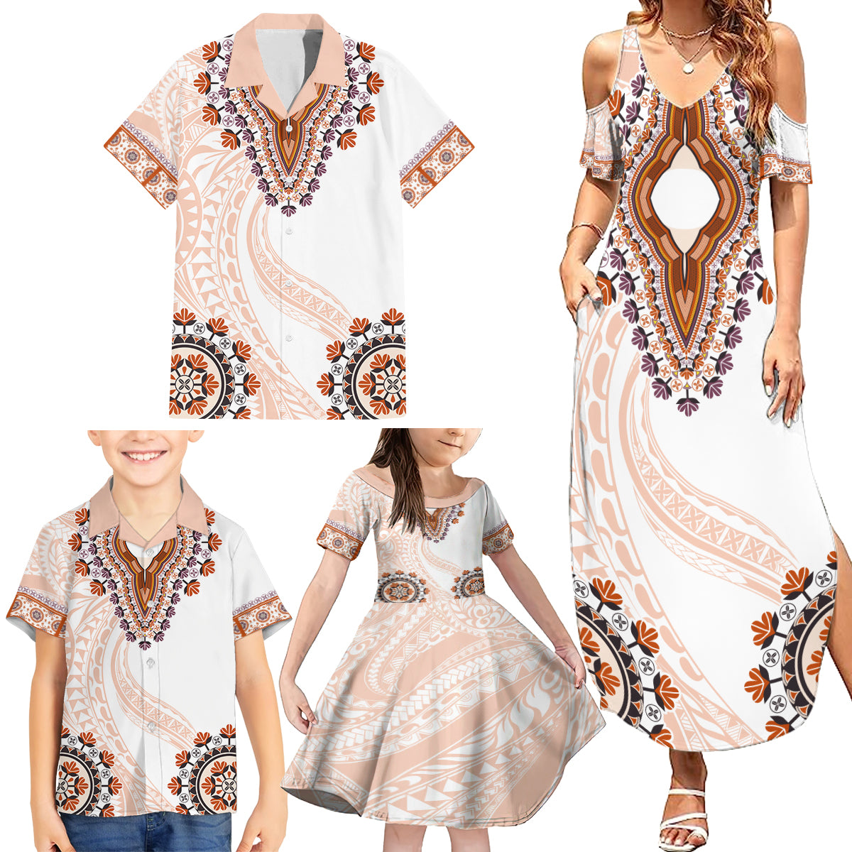 Africa Dashiki Family Matching Summer Maxi Dress and Hawaiian Shirt With Polynesian Pattern Beige Version LT05 - Polynesian Pride